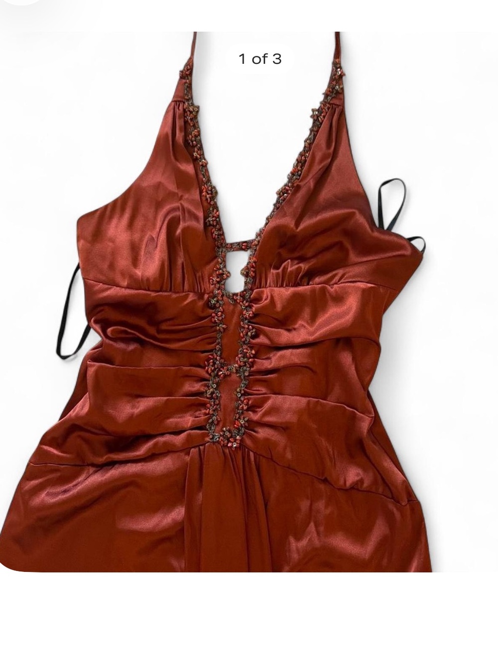 Jessica McClintock Rust Satin Beaded Plunge Dress